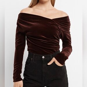 Express Body Contour Velvet Off Shoulder Asymmetric Wrap Bodysuit Brown Large